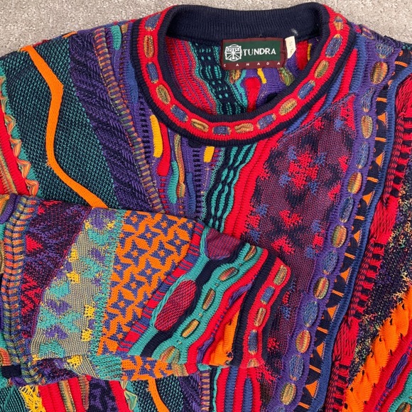 Tundra Sweater Mens XLarge Blue Red Multi 3D Texture Knit Coogi Vibrant 80s VTG - Picture 2 of 11